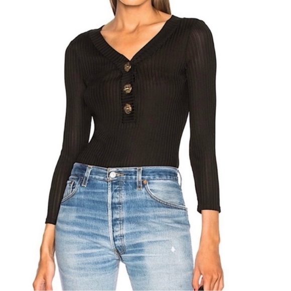 Frame Denim Tops - FRAME Black Ribbed V-Neck Bodysuit